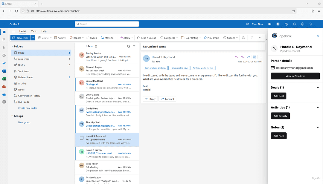 Screenshot of the Pipelook add-in using Outlook Web Access