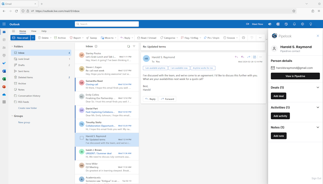 Screenshot of the Pipelook add-in using Outlook Web Access
