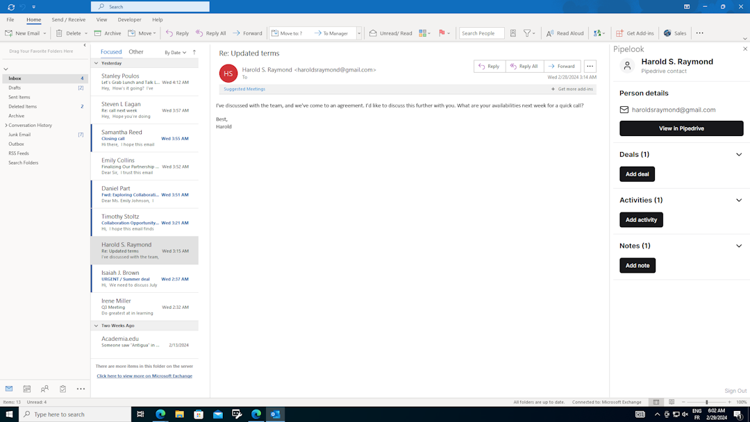 Screenshot of Pipelook on Windows 10 Pro and Outlook desktop